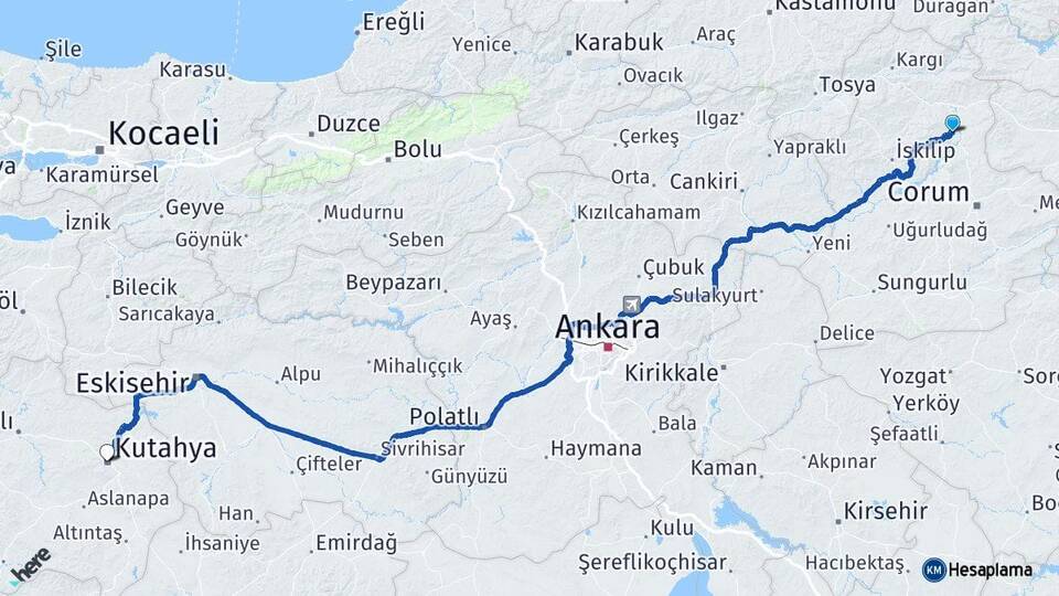 Çorum Dodurga Kütahya Arası Kaç Km - Yol Haritası
