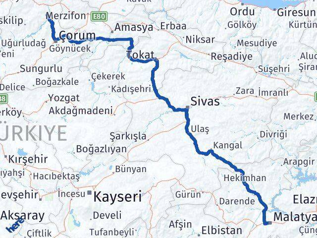 Çorum Dodurga Malatya Arası Kaç Km - Yol Haritası