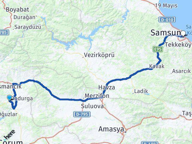 Çorum Dodurga Samsun Arası Kaç Km - Yol Haritası