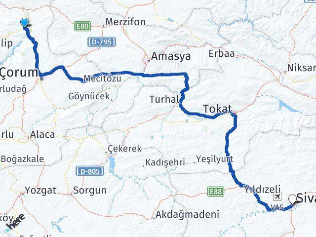 Çorum Dodurga Sivas Arası Kaç Km - Yol Haritası