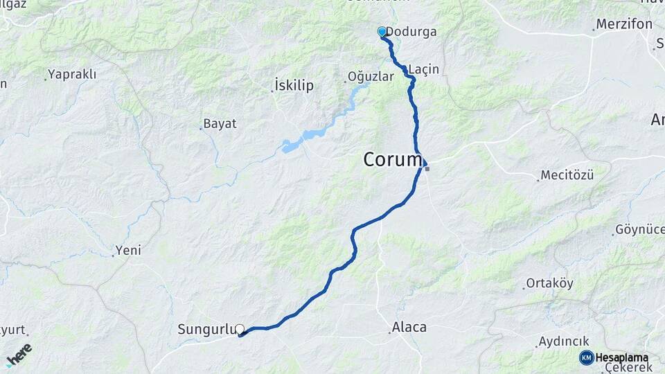 Çorum Dodurga Sungurlu Arası Kaç Km - Yol Haritası
