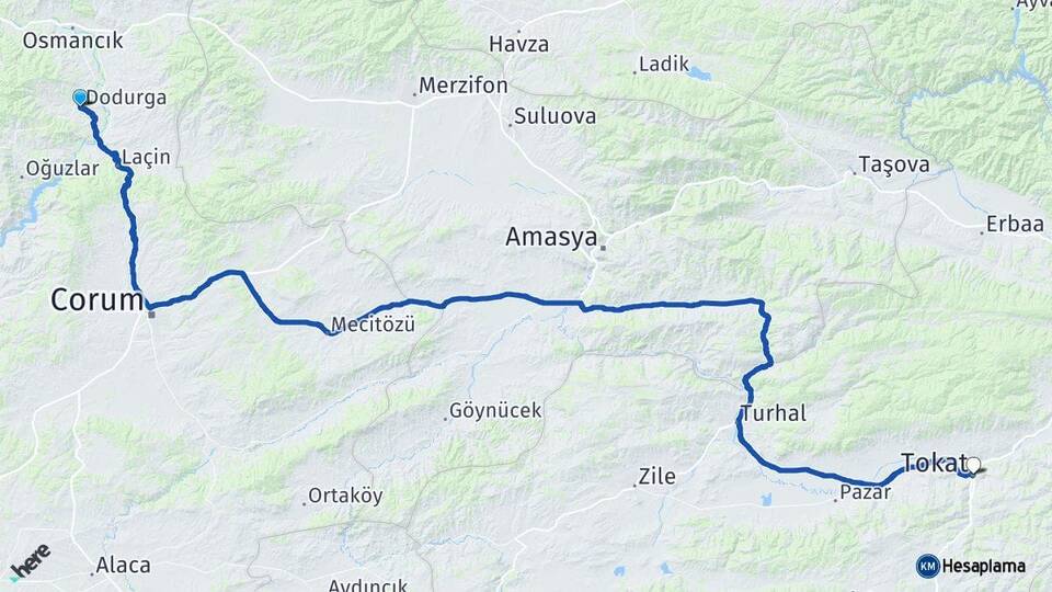 Çorum Dodurga Tokat Arası Kaç Km - Yol Haritası