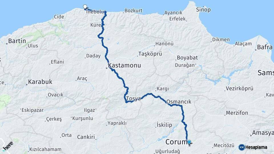 Çorum Doğanyurt Kastamonu Arası Kaç Km - Yol Haritası