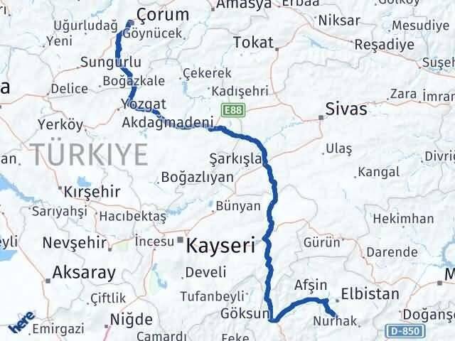 Çorum Ekinözü Kahramanmaraş Arası Kaç Km - Yol Haritası