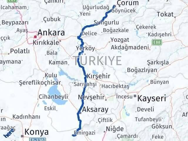 Çorum Emirgazi Konya Arası Kaç Km - Yol Haritası