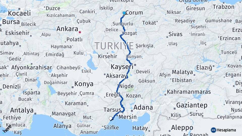 Çorum Erdemli Mersin Arası Kaç Km - Yol Haritası
