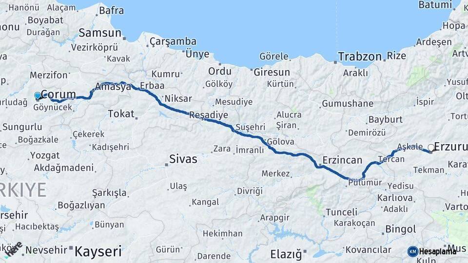 Çorum Erzurum Arası Kaç Km - Yol Haritası