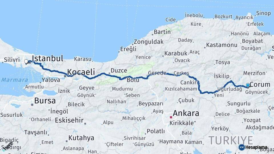 Çorum Esenler İstanbul Arası Kaç Km - Yol Haritası