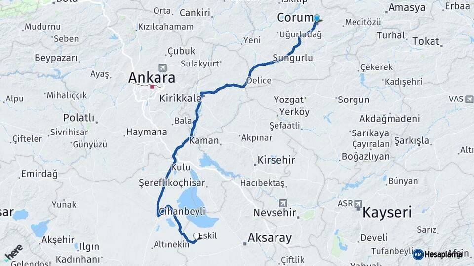 Çorum Eskil Aksaray Arası Kaç Km - Yol Haritası
