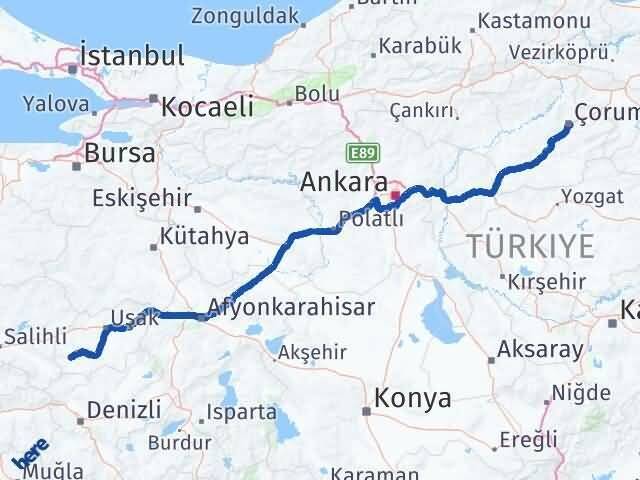 Çorum Eşme Uşak Arası Kaç Km - Yol Haritası