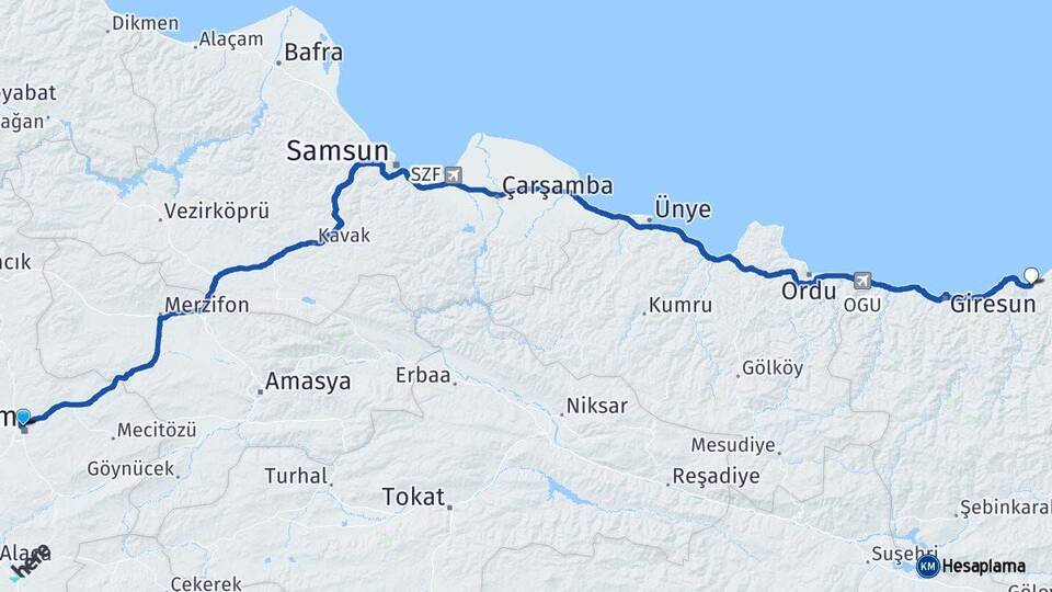 Çorum Espiye Giresun Arası Kaç Km - Yol Haritası
