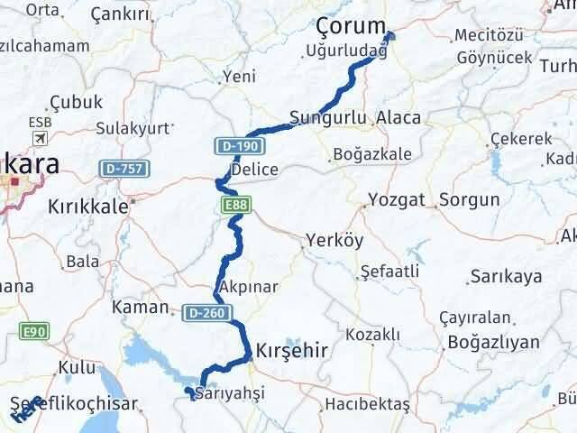 Çorum Evren Ankara Arası Kaç Km - Yol Haritası