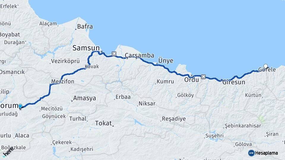 Çorum Eynesil Giresun Arası Kaç Km - Yol Haritası