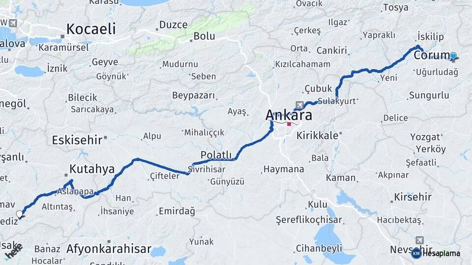 Çorum Gediz Kütahya Arası Kaç Km - Yol Haritası