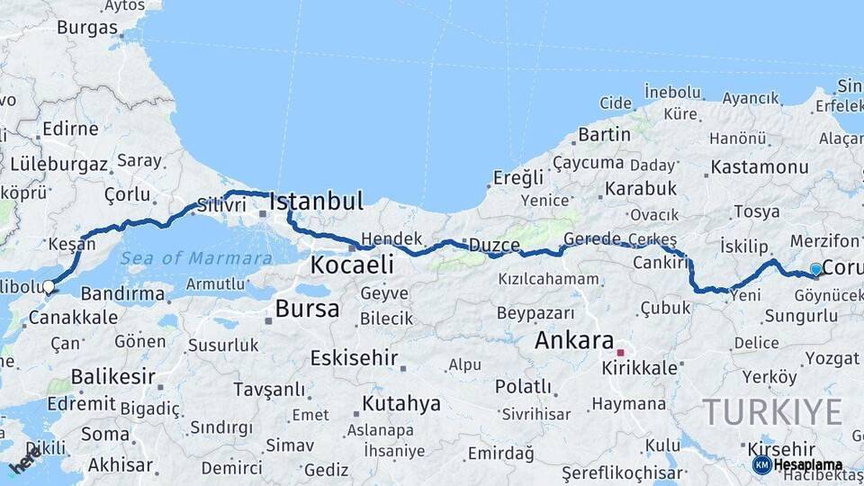 Çorum Gelibolu Çanakkale Arası Kaç Km - Yol Haritası