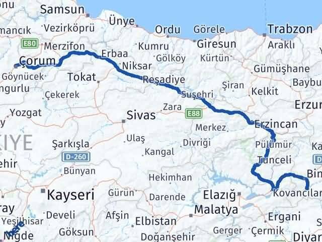 Çorum Genç Bingöl Arası Kaç Km - Yol Haritası