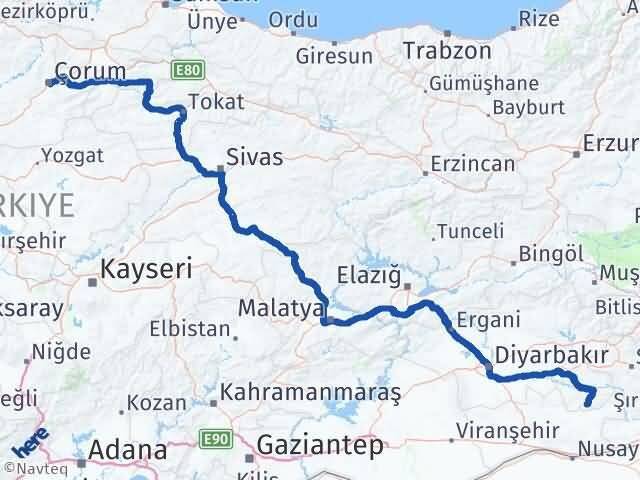 Çorum Gercüş Batman Arası Kaç Km - Yol Haritası