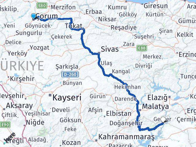 Çorum Gerger Adıyaman Arası Kaç Km - Yol Haritası