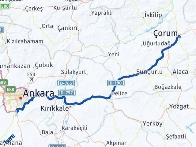 Çorum Gölbaşı Ankara Arası Kaç Km - Yol Haritası