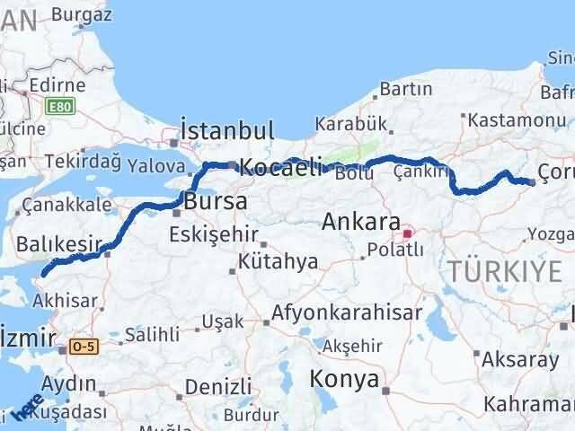 Çorum Gömeç Balıkesir Arası Kaç Km - Yol Haritası