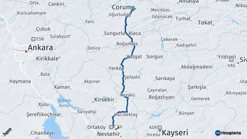 Çorum Gülşehir Nevşehir Arası Kaç Km - Yol Haritası