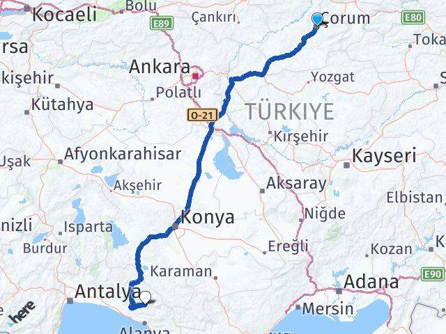 Çorum Gündoğmuş Antalya Arası Kaç Km - Yol Haritası
