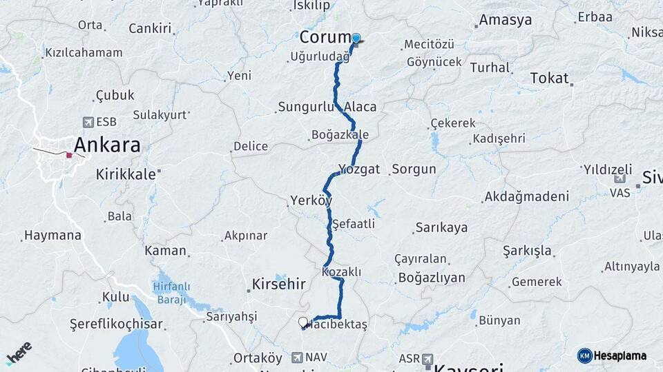 Çorum Hacıbektaş Nevşehir Arası Kaç Km - Yol Haritası