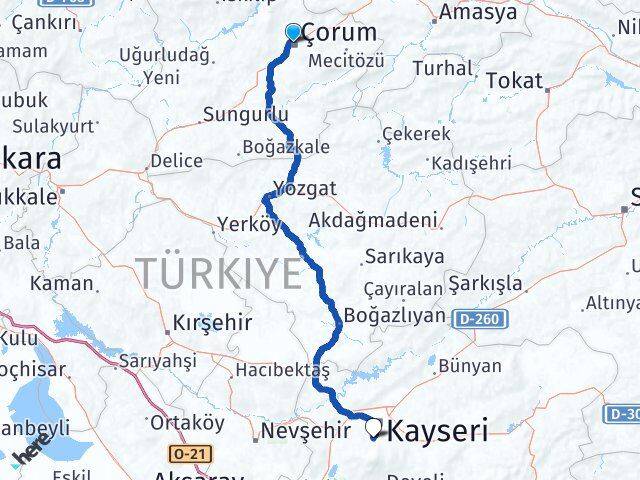 Çorum Hacılar Kayseri Arası Kaç Km - Yol Haritası