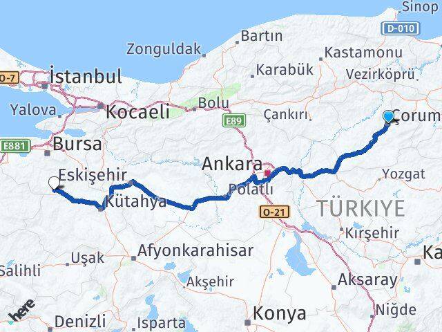 Çorum Harmancık Bursa Arası Kaç Km - Yol Haritası