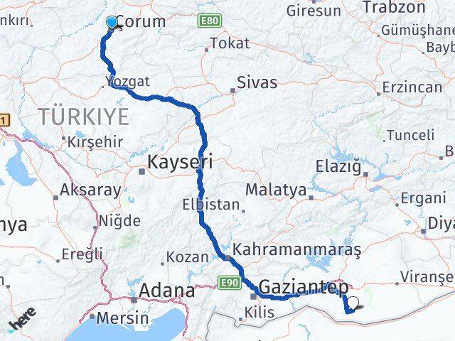 Çorum Harran Şanlıurfa Arası Kaç Km - Yol Haritası