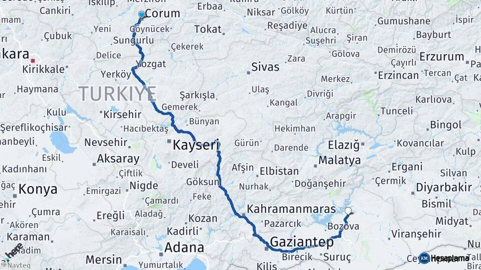 Çorum Hilvan Şanlıurfa Arası Kaç Km - Yol Haritası