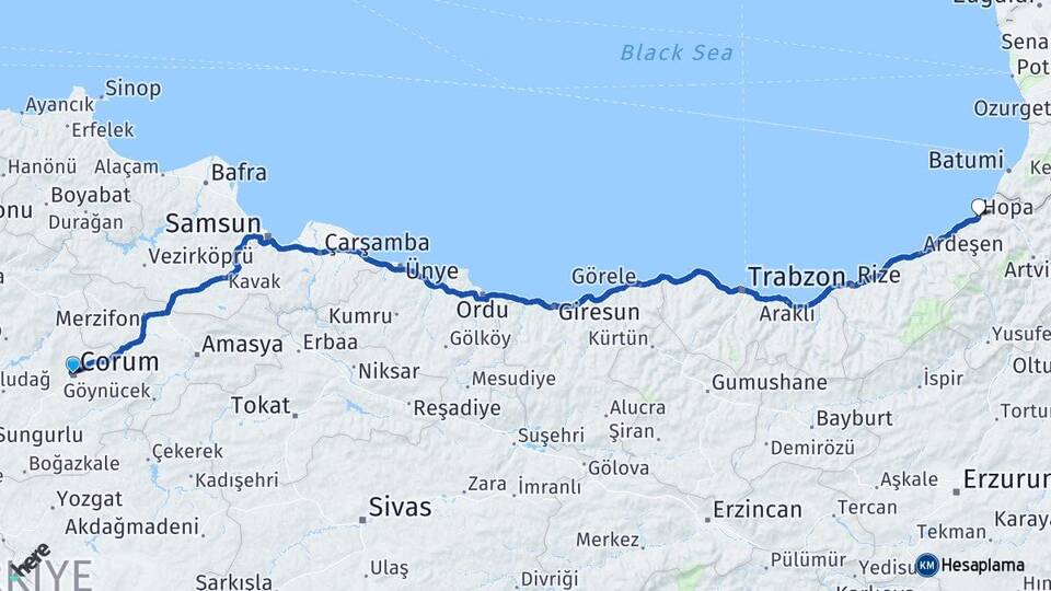 Çorum Hopa Artvin Arası Kaç Km - Yol Haritası