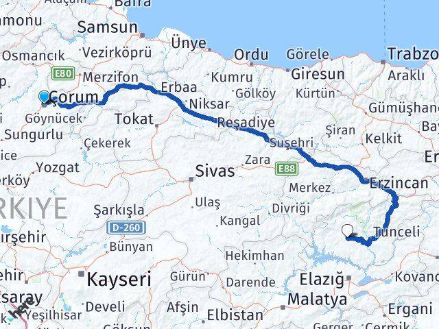 Çorum Hozat Tunceli Arası Kaç Km - Yol Haritası