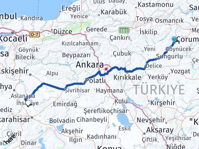 Çorum İhsaniye Afyonkarahisar Arası Kaç Km - Yol Haritası