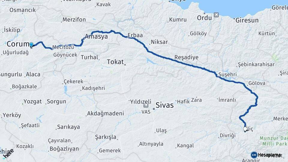 Çorum İliç Erzincan Arası Kaç Km - Yol Haritası