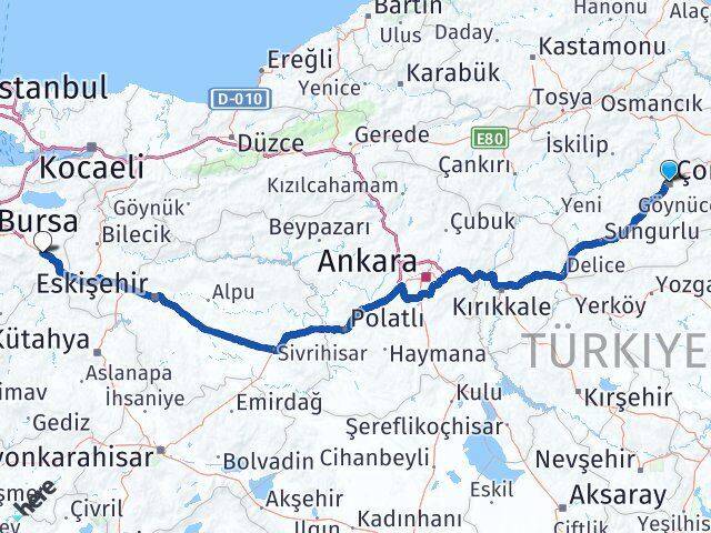 Çorum İnegöl Bursa Arası Kaç Km - Yol Haritası