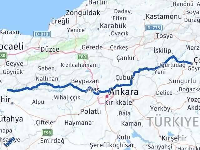 Çorum İnhisar Bilecik Arası Kaç Km - Yol Haritası