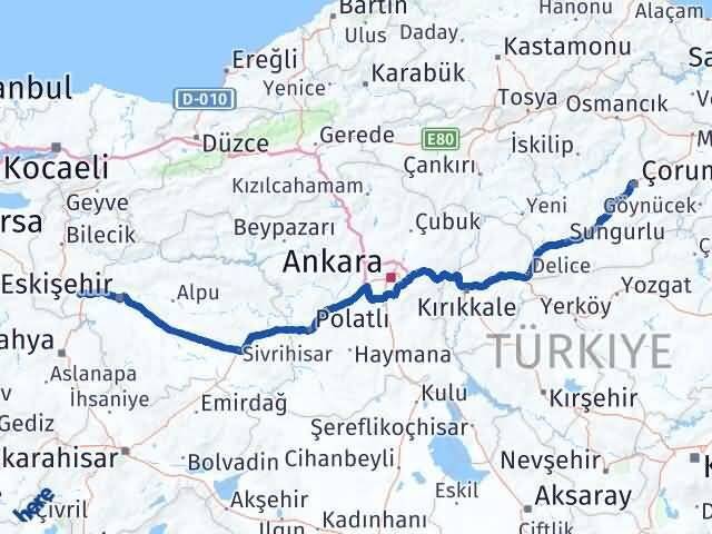 Çorum İnönü Eskişehir Arası Kaç Km - Yol Haritası