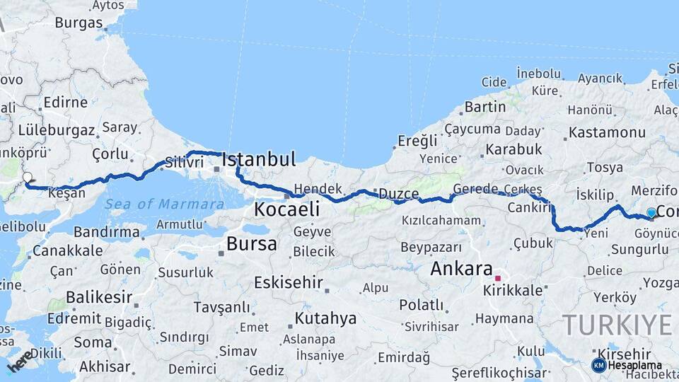Çorum İpsala Edirne Arası Kaç Km - Yol Haritası