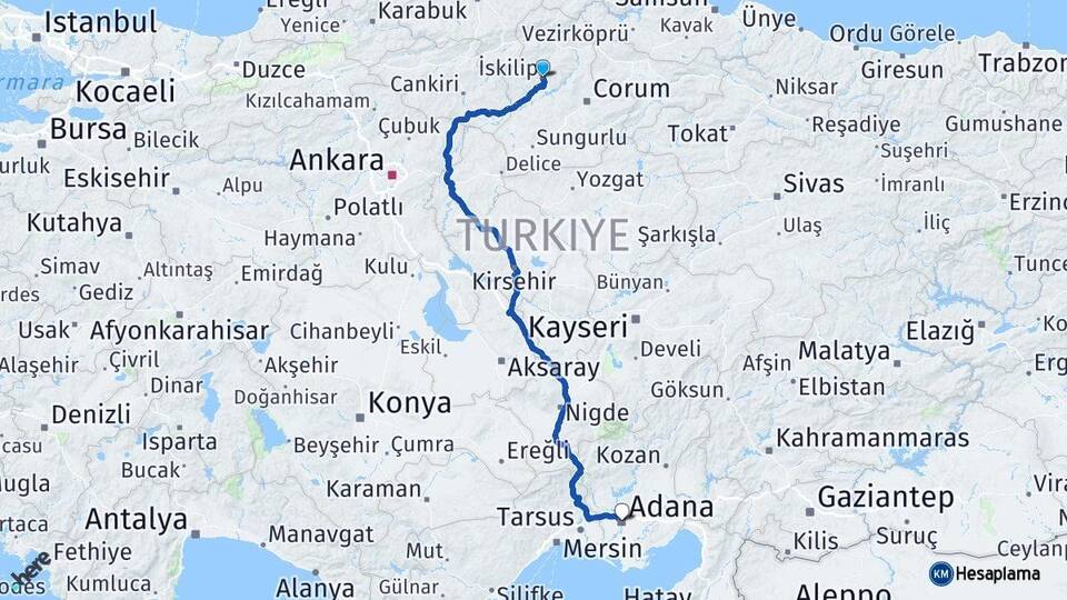 Çorum İskilip Adana Arası Kaç Km - Yol Haritası