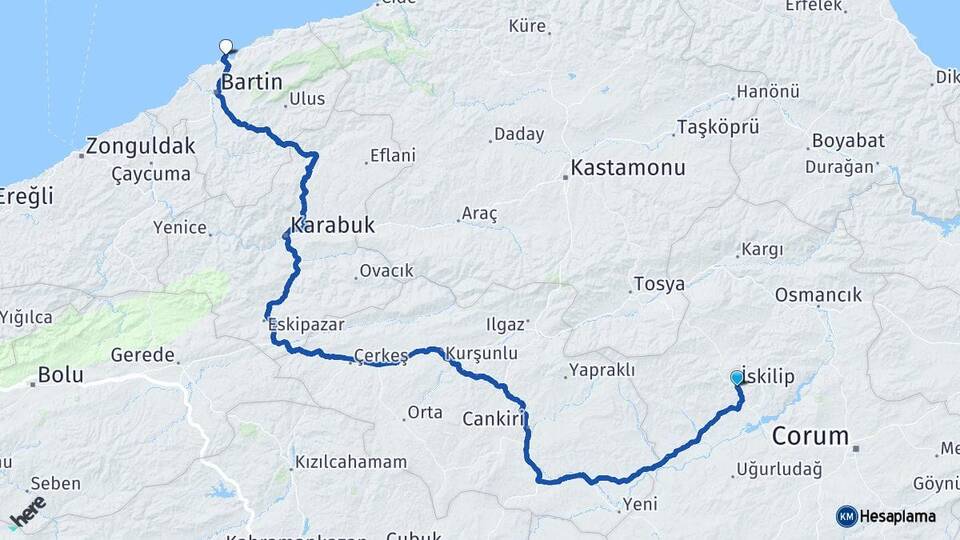 Çorum İskilip Amasra Bartın Arası Kaç Km - Yol Haritası
