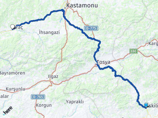 Çorum İskilip Araç Kastamonu Arası Kaç Km - Yol Haritası
