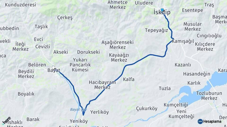 Çorum İskilip Bayat Arası Kaç Km - Yol Haritası