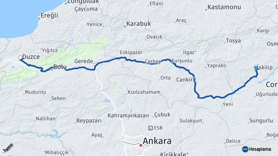 Çorum İskilip Düzce Arası Kaç Km - Yol Haritası