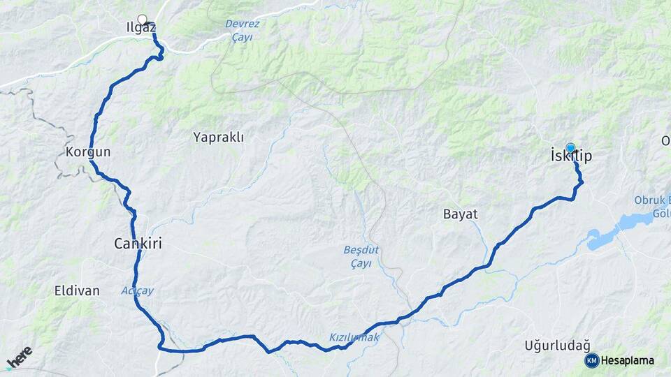 Çorum İskilip Ilgaz Çankırı Arası Kaç Km - Yol Haritası