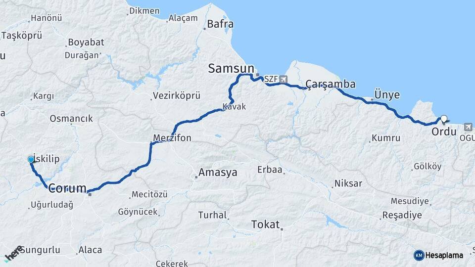 Çorum İskilip Ordu Arası Kaç Km - Yol Haritası