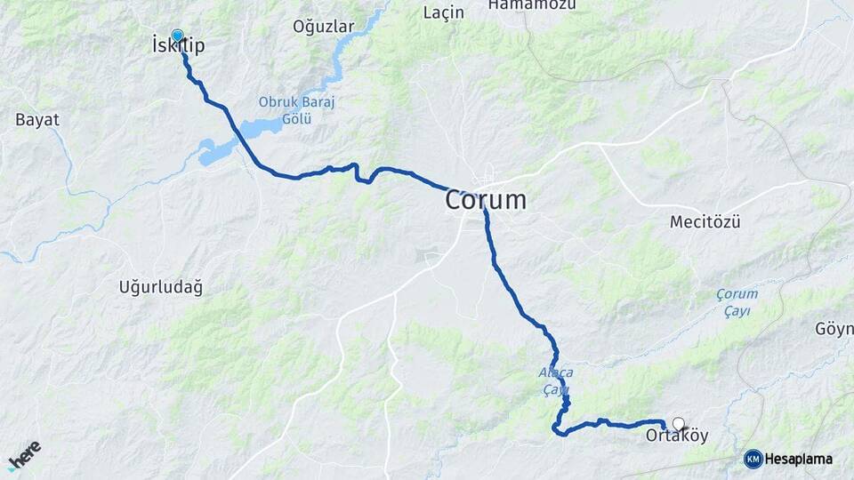 Çorum İskilip Ortaköy Arası Kaç Km - Yol Haritası