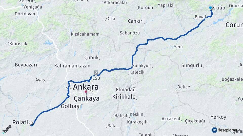 Çorum İskilip Polatlı Ankara Arası Kaç Km - Yol Haritası