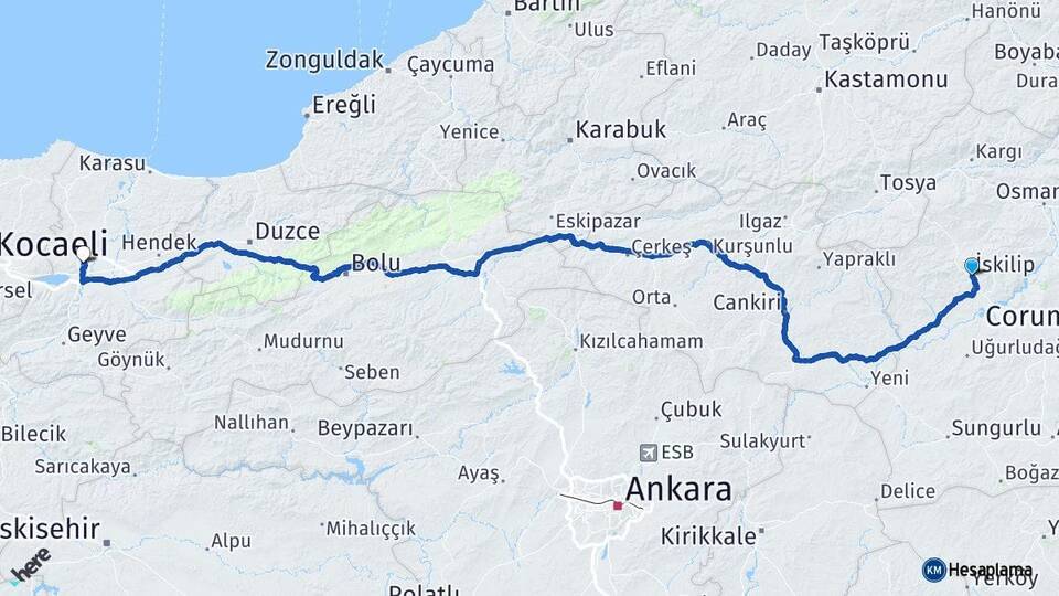 Çorum İskilip Sakarya Arası Kaç Km - Yol Haritası