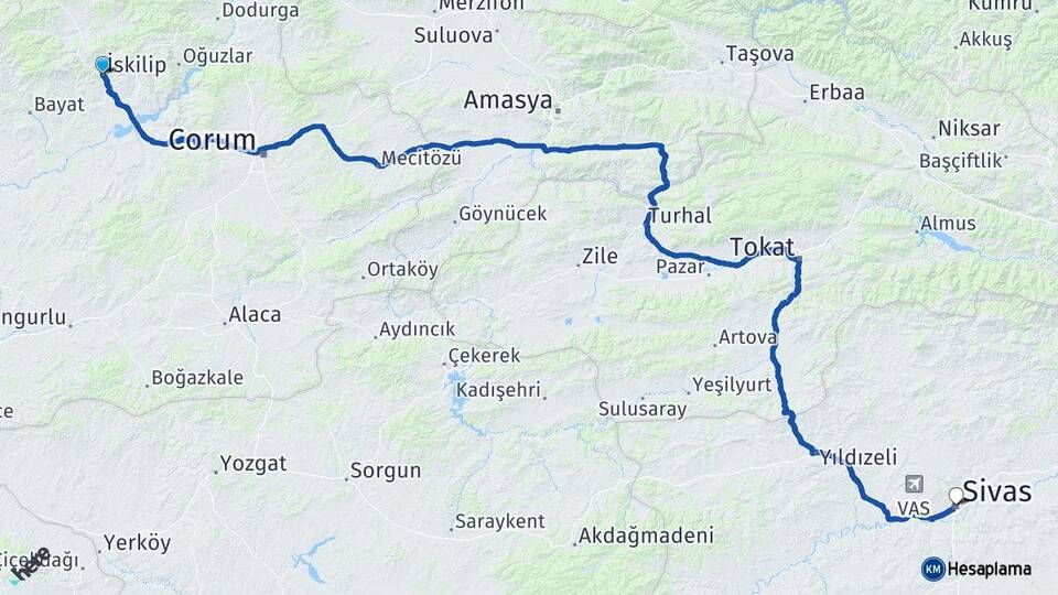 Çorum İskilip Sivas Arası Kaç Km - Yol Haritası